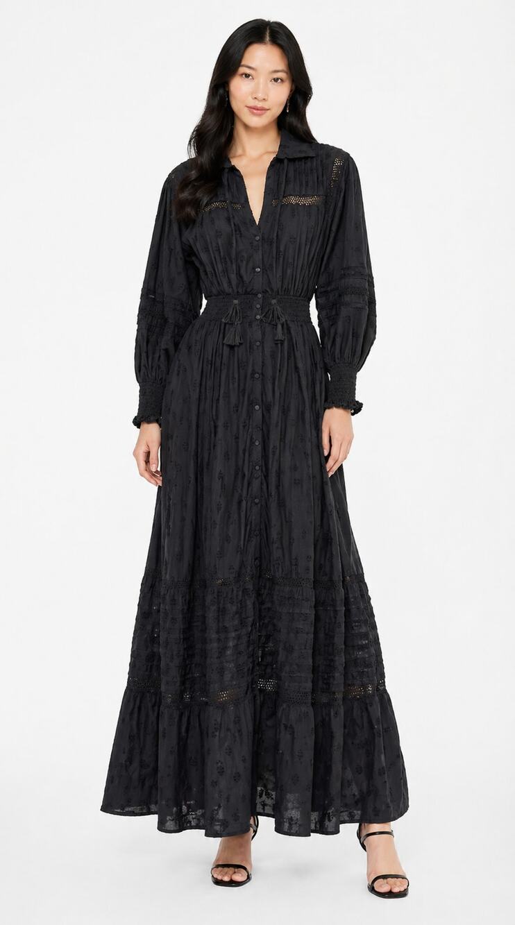 Cleobella Broderie Long Sleeve Button Front Maxi Dress Black Womens Size Small
